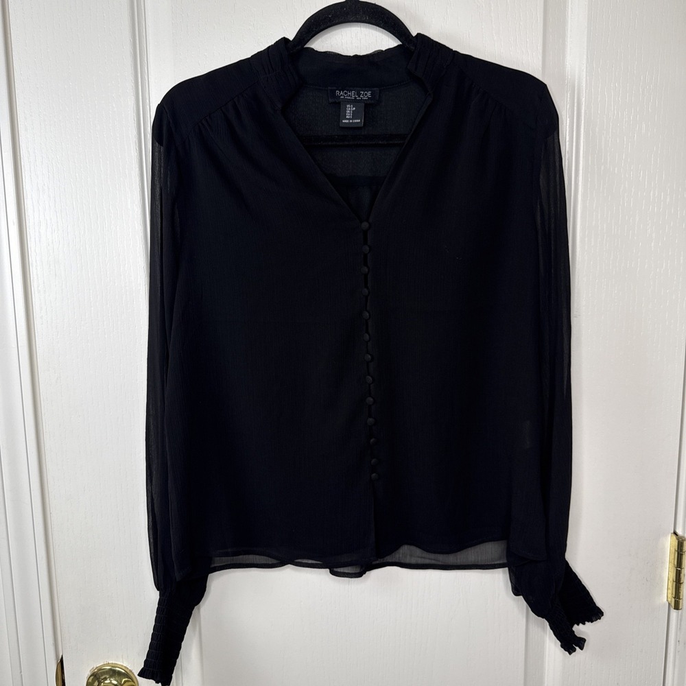 Rachel Zoe Womens Small Black Sheer Button Front Blouse Smocked Cuff